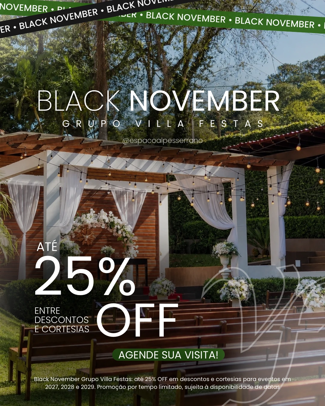 Arte oficial Black November Grupo Villa Festas: até 25% entre descontos e cortesias para eventos em 2027, 2028 e 2029